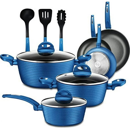 NutriChef 12-Piece Set Kitchenware Pots & Pans Stylish Cookware, Non-Stick Inside & Outside (Blue)