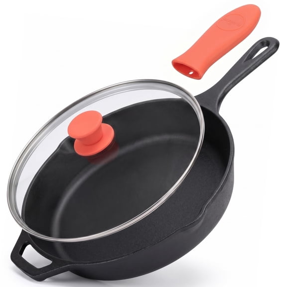 NutriChef NCCI12 - 12'' Pre-Seasoned Cast Iron Pan - Fry Pan with Glass Lid & Silicone Handle