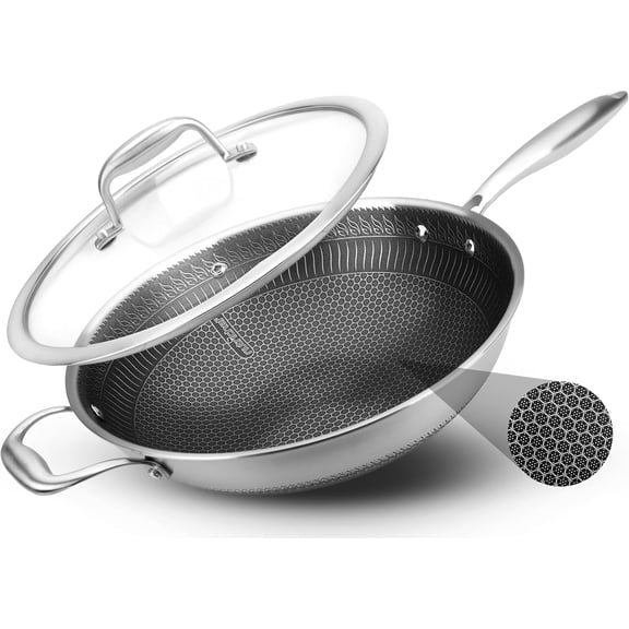 NutriChef 12" Stainless Steel Nonstick Cooking Wok Stir Fry Pan w/ Lid