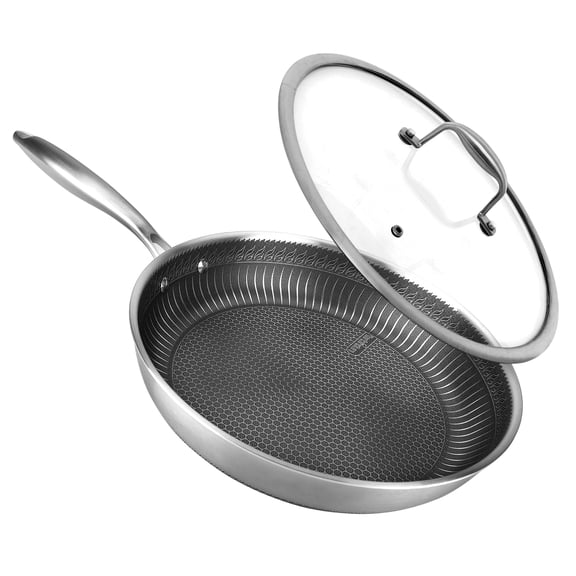 NutriChef 12'' Stir Fry Pan with Glass Lid - Triply Stainless Steel Cookware, DAKIN Etching Non-Stick Coating Inside and Outside