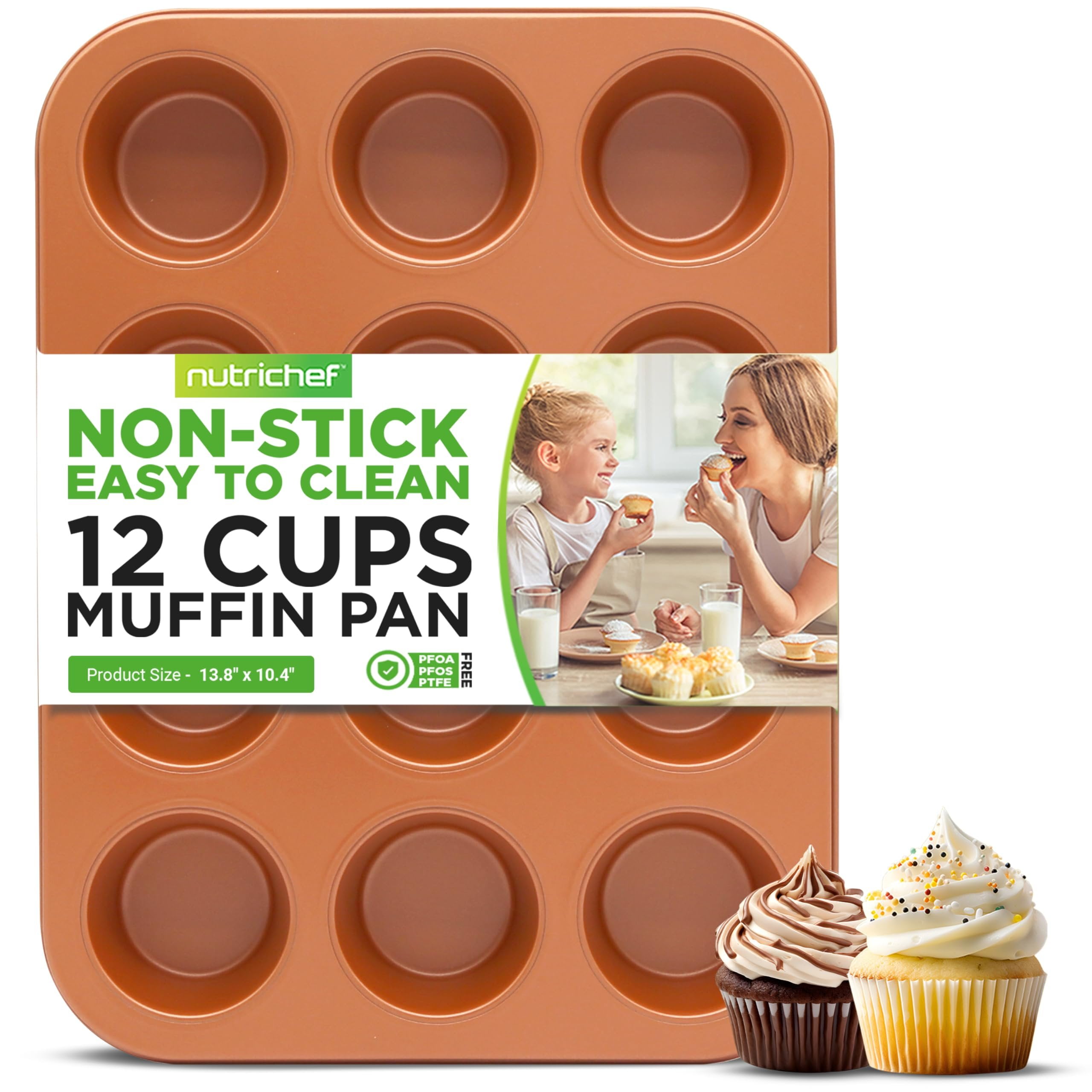 NutriChef 12-Cup Copper Muffin Pan - Non-Stick Carbon Steel, Dishwasher Safe, Fits Model NCBSCC54, Even Heating For Baking
