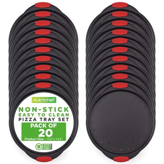 NutriChef 13-Inch Nonstick Pizza Tray Set of 20 Pcs- Carbon Steel Round Pan with Perforated Holes & Silicone Grip Handles - Dishwasher Safe Premium Bakeware