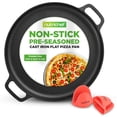 thumbnail image 1 of NutriChef 13-Inch Pre-Seasoned Cast Iron Pizza Pan, Flat Round Griddle with Built-In Handles & 2 Silicone Grips, Oven, Grill, Stove & Campfire Safe, 1 of 5