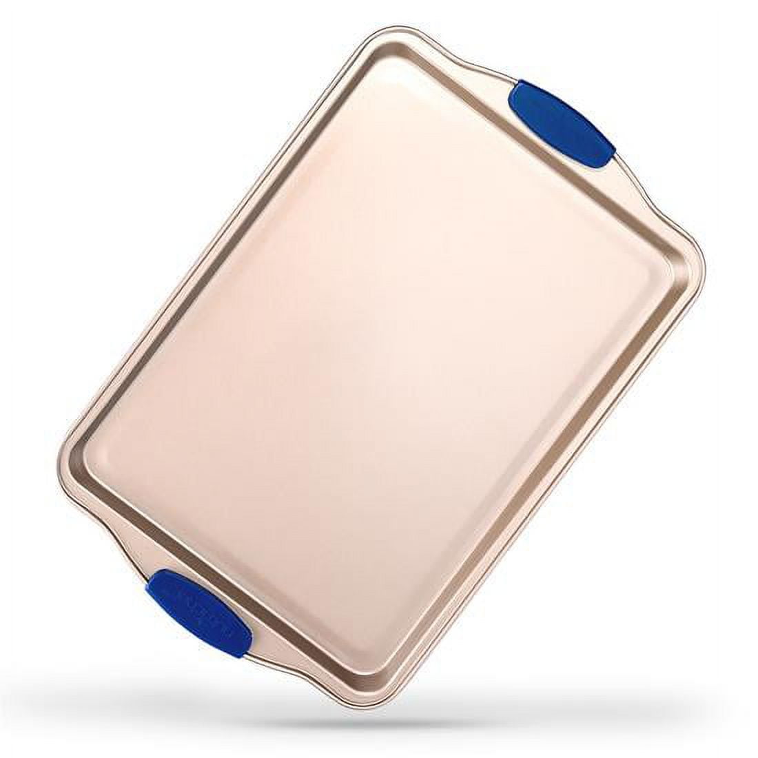 NutriChef 13” Non Stick Cookie Sheet, Small Gold Commercial Grade Restaurant Quality Carbon Metal Bakeware with Blue Silicone Handles, Compatible with Model NCSBSG63
