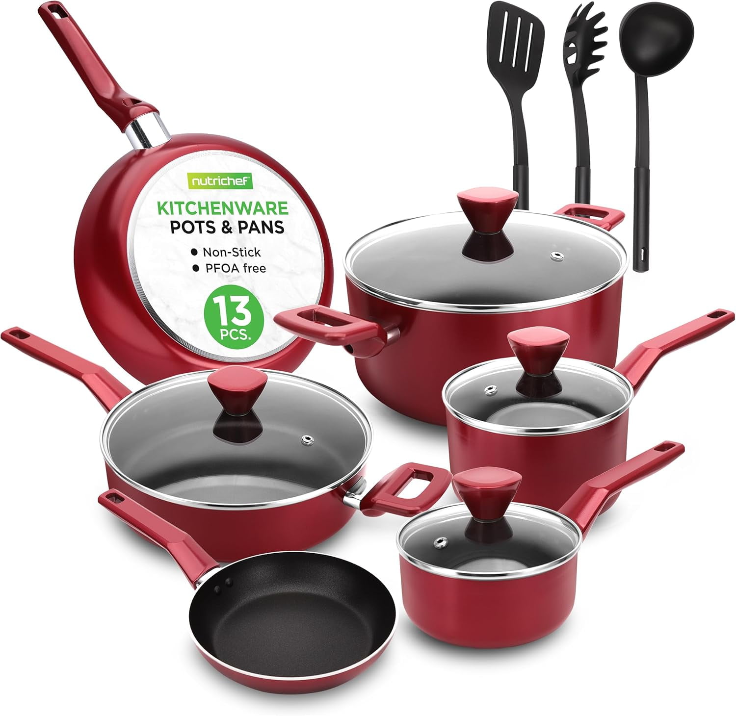 NutriChef 13-Piece Red Nonstick Aluminum Cookware Set