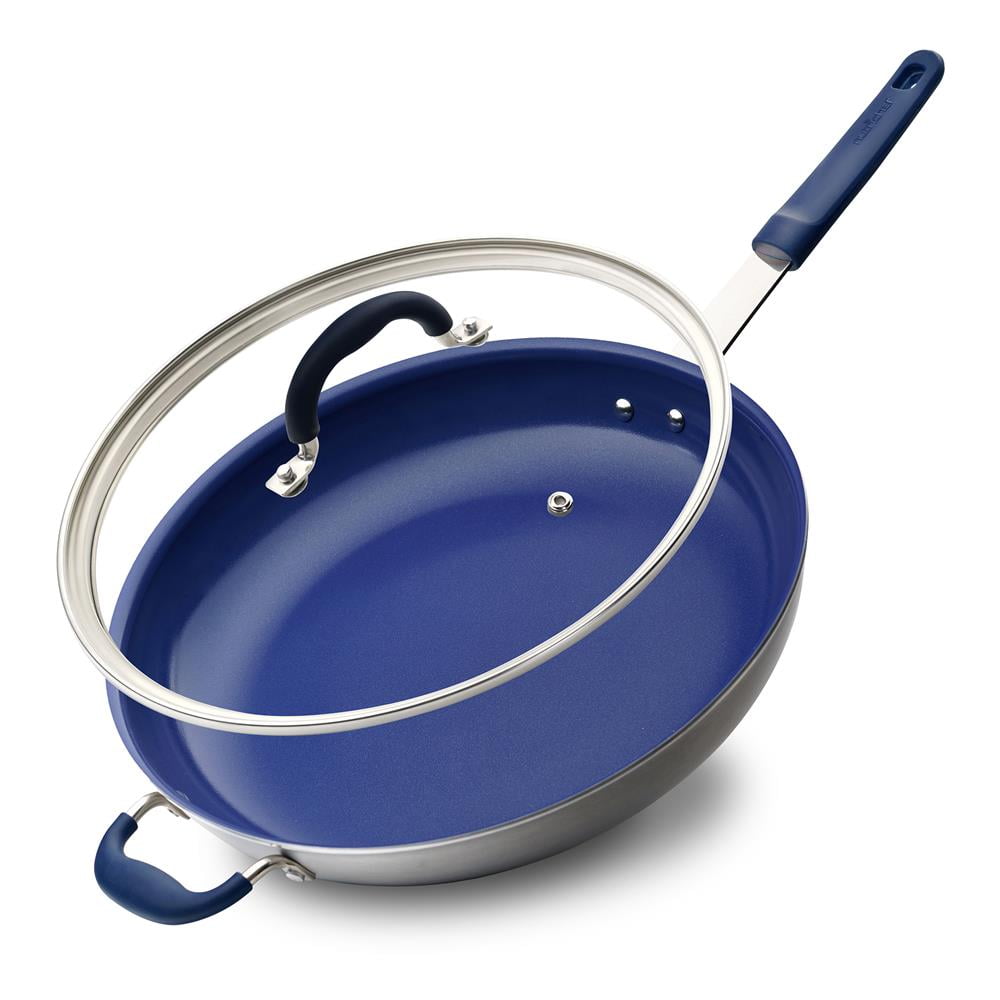 NutriChef 14.0 in Nonstick Skillet with Blue Silicone Handle and Ceramic Coating