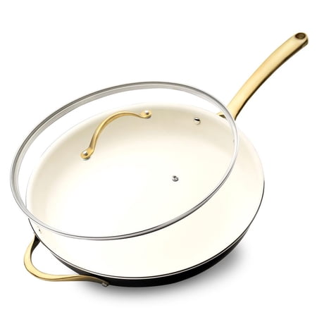 NutriChef 14” Extra Large Skillet Nonstick Frying Pan with Golden Titanium Coated Silicone Handle