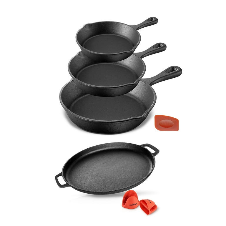 Nutrichef 3 Pieces Kitchen Frying Pre-Seasoned Cast Iron Skillet Pans  Nonstick Cookware Set w/Drip Spout, Silicone Handle, For Electric Stovetop