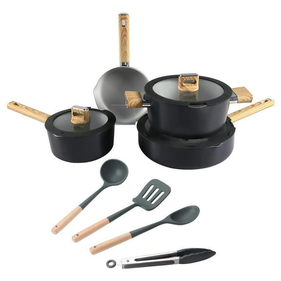 NutriChef 14-Piece Non-Stick Ceramic Cookware Set - Induction Safe Pots and Pans with Glass Lids, Cool-Touch Handles, Even Heat Distribution, Dishwasher Safe, Includes Ladle, Tong, Spatula (Black)