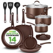 NutriChef 14 Piece Non-stick Kitchen Cookware Set, Brown