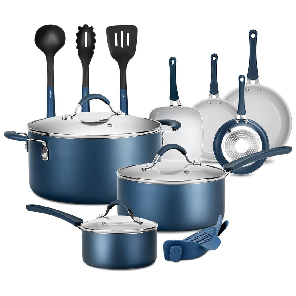 NutriChef 14-Piece Set Nonstick Kitchenware Pots & Pans High-Qualified Basic Kitchen Cookware, Blue