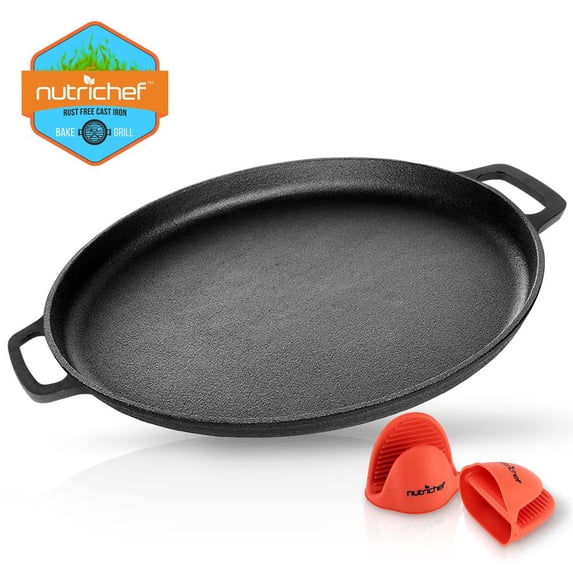 NutriChef NCCIPD - 14'' Cast Iron Pizza/Baking Pan - Steel Pizza Cooker with Easy Grip Handles, Deep Stone for Oven or Griddle for Gas, Induction, Grilling, & Oven, Includes 2 Silicone Handles
