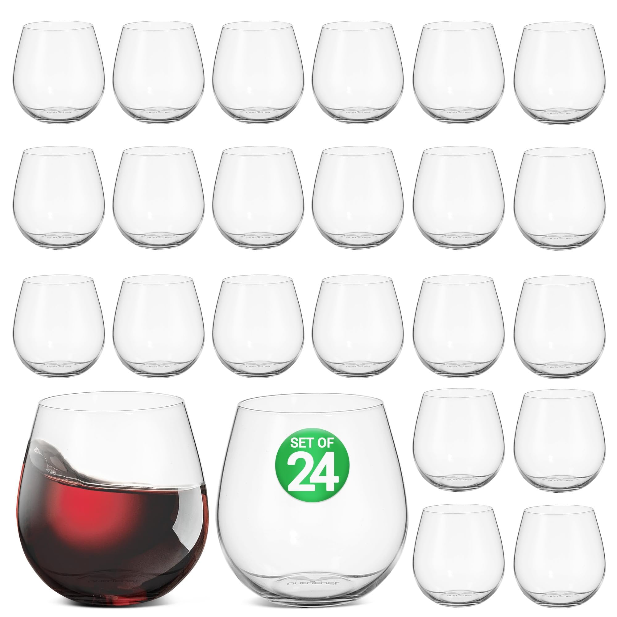 NutriChef 15 Oz Stemless Wine Glasses - Set of 12, Ultra Thin, Shatter-Resistant, Dishwasher Safe, Hand Blown - Gift for Wine Lovers, 2 PACK, 24 Glasses