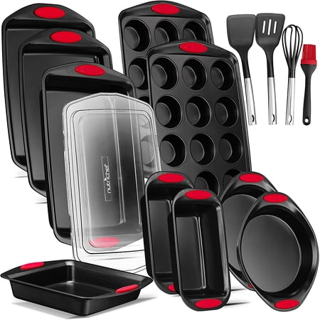 NutriChef 15-Pcs Baking Pan Set Flexible Nonstick Black Coating Carbon Steel Bakeware W/ Red Handle
