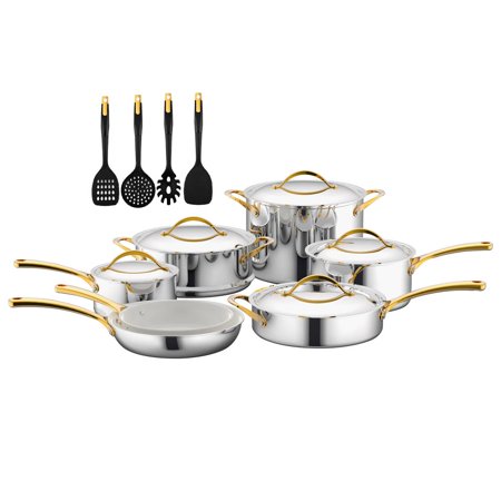 NutriChef 16-Piece Set Clad Kitchen Cookware W/ Nylon Utensils Fry Pan W/ Ceramic Non-Stick Coating