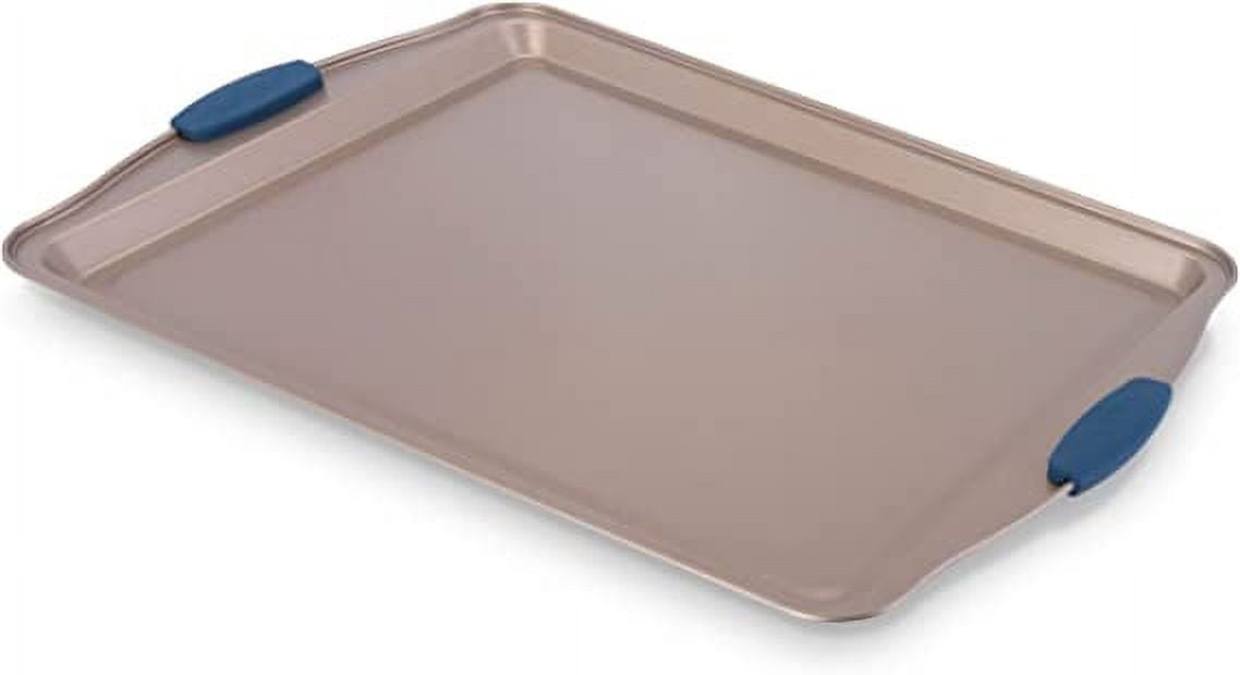 NutriChef 17” Non-Stick Baking Pan, Large Gold Cookie Sheet with Blue Silicone Handles, (Gold)