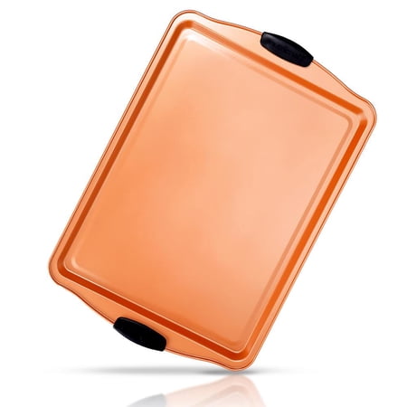 NutriChef 17” Non-Stick Baking Pan Replacement Part, Large Copper Cookie Sheet W/ Black Handles