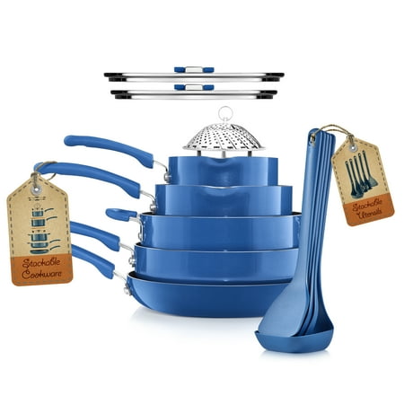 NutriChef 17 Piece Cookware Set, Non-Stick Pans and Pots with foldable Knob, Space Saving, Stackable, Nylon Tools Set, Induction Base, Blue