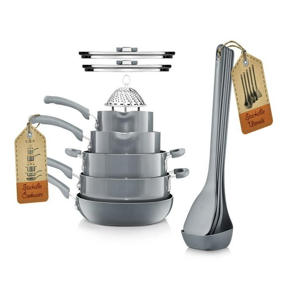 NutriChef 17 Piece Non-Stick Cookware Set, Pots & Pans with foldable Knob, Space Saving, Stackable, Nylon Tools Set, Induction Base, Gray