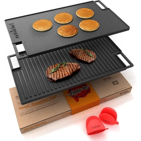NutriChef NCCIRG59 - Kitchen Flat Grill Plate Pan - Reversible Cast Iron Griddle / Grilling Pan with Heat-Resistant Oven Grab Mitt