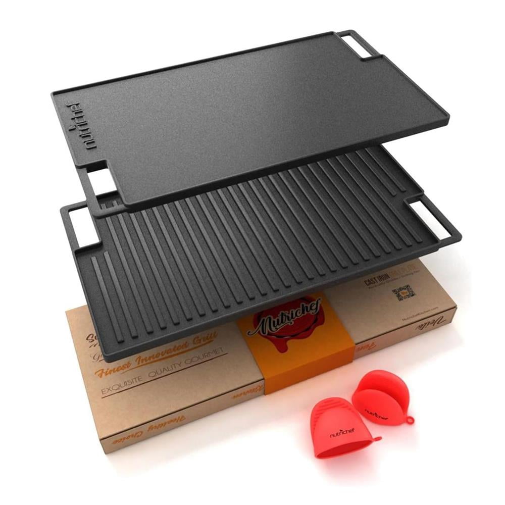 NutriChef 18" Cast Iron Skillet Reversible Grill Plate Pan for Stove Top, Black