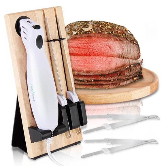 NutriChef 2 Blade Serrated Electric Kitchen Knife w/ Butcher Block Storage Tray