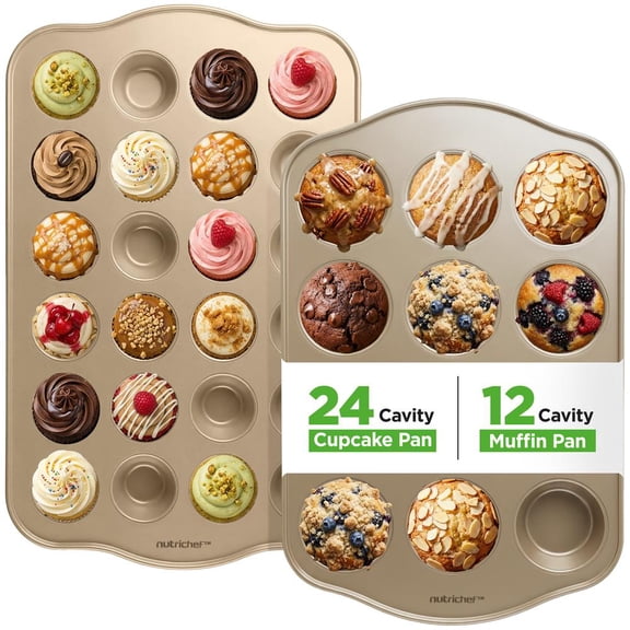 NutriChef 2-Pack Muffin & Cupcake Baking Set 12-Cup Muffin Pan & 24-Cup Mini Cupcake Tray, Carbon Steel Nonstick Bakeware, Oven Safe to 450F (Champagne)