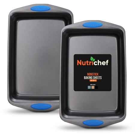 NutriChef 2-Pc. Baking Pan Set Flexible Nonstick Gray Coating Carbon Steel Bakeware W/ Blue Handle
