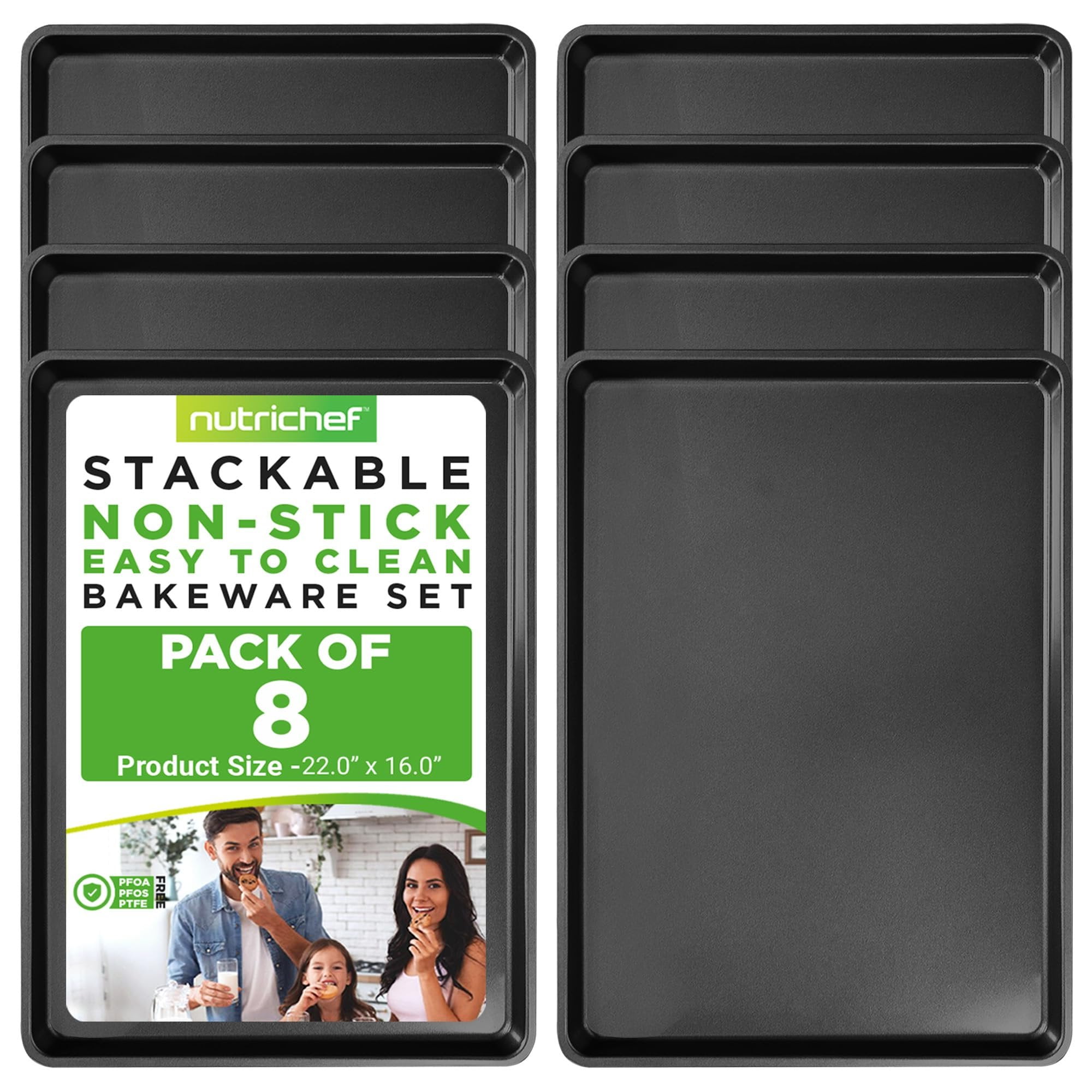 NutriChef 2-Piece XL Mega Cookie Sheet Baking Pans Set - 22" x 16" Nonstick Carbon Steel Oven Tray, Dishwasher Safe, Stackable Bakeware - Perfect for Cookies and Sheet Meals, 4 PACK, 8 Pans