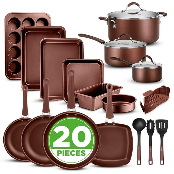NutriChef 20-Pc. Nonstick Kitchen PTFE/PFOA/PFOS-Free Heat Resistant Silicone Handles Cookware Bakeware Set w/Saucepan, Brown