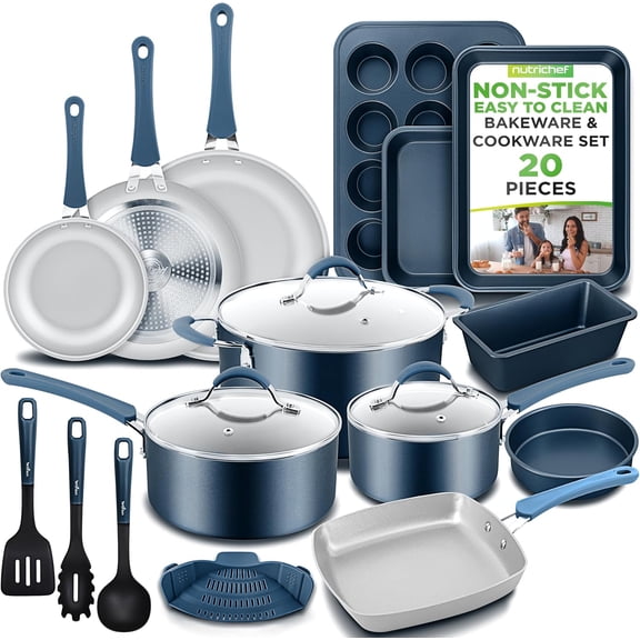 NutriChef 20 Piece Non-stick Cookware and Bakeware Set - Heat Resistant Silicone Handles, Blue