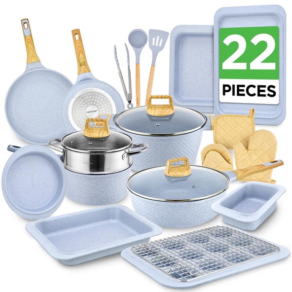 NutriChef 22-Piece Cookware & Bakeware Set, Moon Grey Marble Nonstick Pots & Pans with Multi-Size Pieces & Heat-Resistant Tools