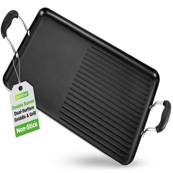 NutriChef 24-Inch Stove Top Griddle Pan, Nonstick Double Burner Grill & Griddle Combo, Ridged & Flat Surfaces, Cool-Touch Handles, Black