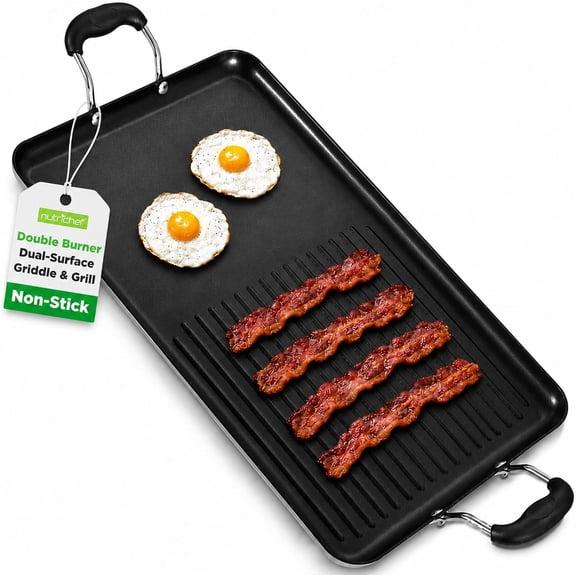 NutriChef 24-Inch Stove Top Griddle Pan, Nonstick Double Burner Grill & Griddle Combo, Ridged & Flat Surfaces, Cool-Touch Handles, Black