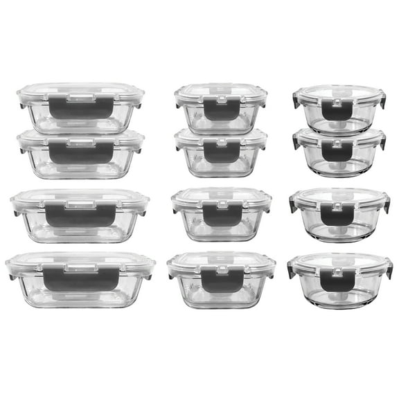 NutriChef 24-Piece Stackable Borosilicate Glass Food Storage Containers Set, Gray Capacity 2.2 Pounds, 2 Pounds