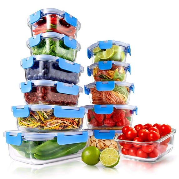 NutriChef 24-Piece Stackable Glass Food Storage Containers - Heavy Duty Meal Prep Containers w/Airtight Lids for Food, Snacks, Fruit - Microwave, Freezer, & Dishwasher Safe