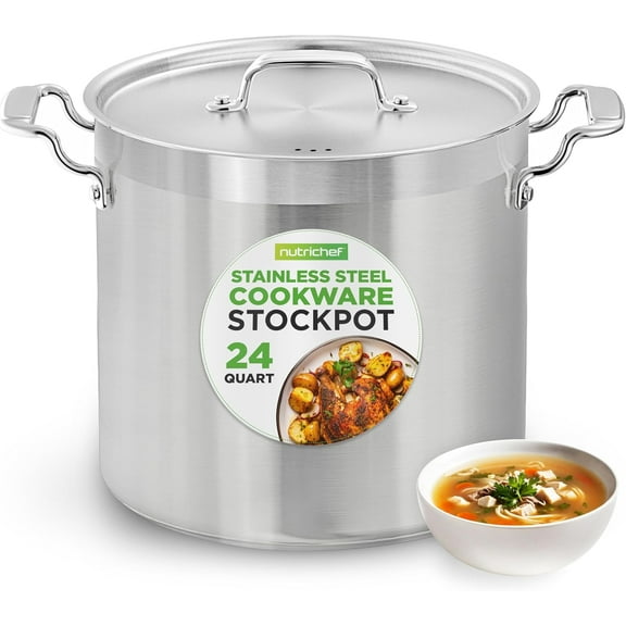 NutriChef 24-Quart Stainless Steel Stock Pot with Lid, Heavy-Duty 18/8 Polished Cookware, Induction Base, Ergonomic Handles for Soups & Stews