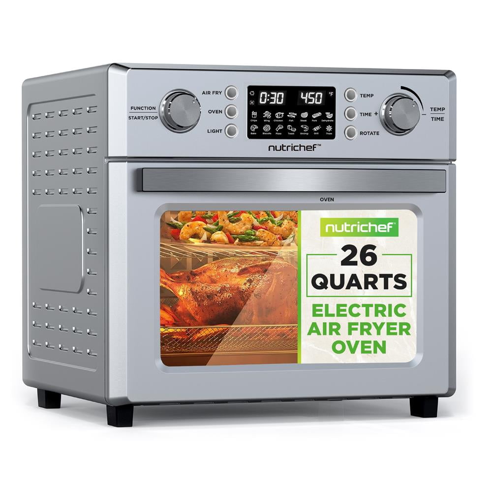 NutriChef 26L Electric Air Fryer Oven, 1700W Countertop Rotisserie & 360° Air Fryer with 10 Presets, Drip Tray, Fry Basket & Bake Rack, 15x16x14, Stainless Steel