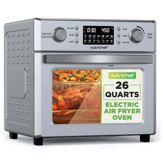 NutriChef 26L Electric Air Fryer Oven | 1700W Countertop Rotisserie & Air Fryer | 360° Rotating Feature | 10 Digital Menu Presets | Includes Drip Tray, Air Frying Basket & Bake Rack 15x16x14 (Silver)