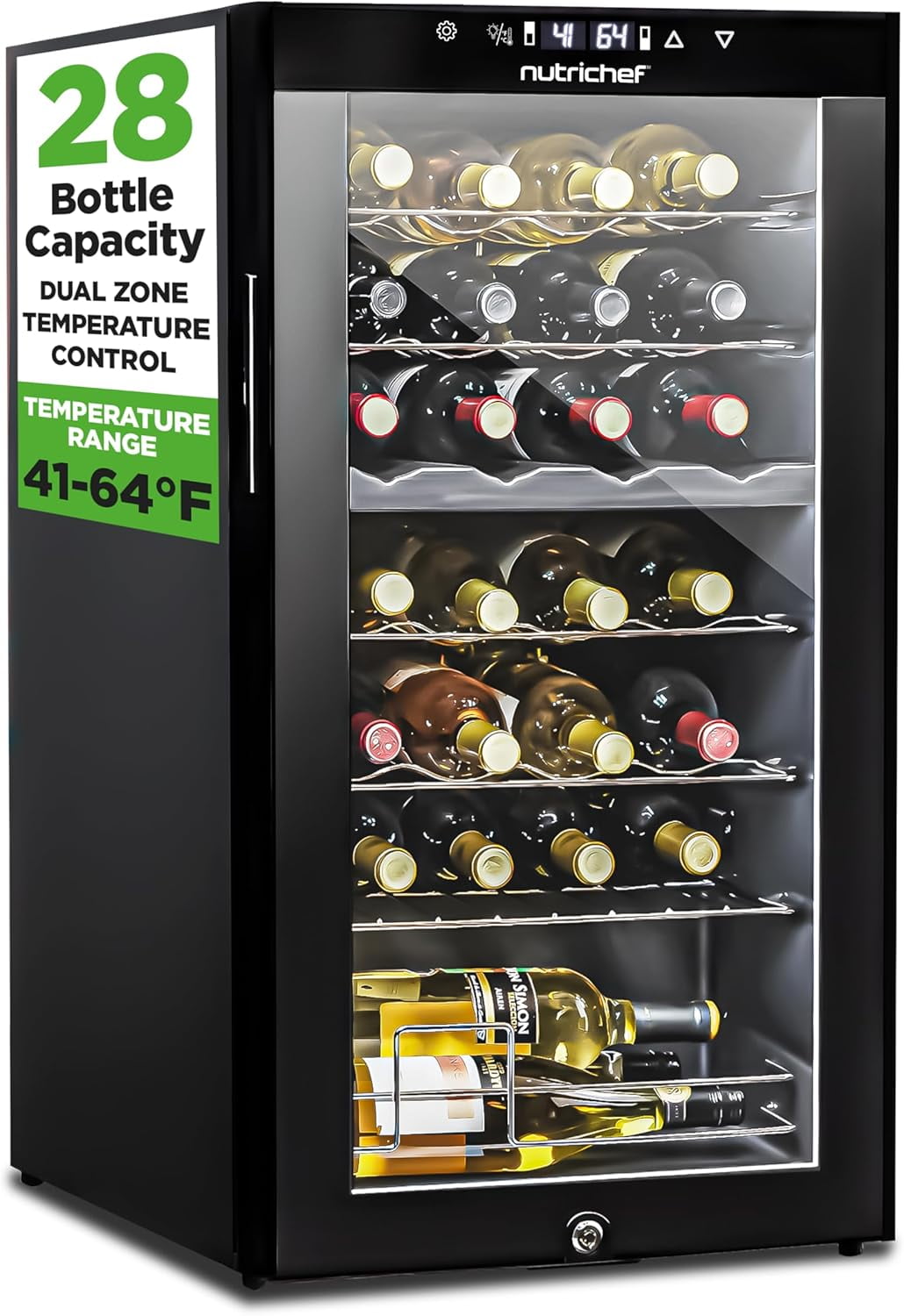 NutriChef 28-Bottle Dual Zone Wine Fridge, Adjustable 41°F–64°F, Ultra Quiet Free-Standing Wine Cooler, 33x16x17 in, Black