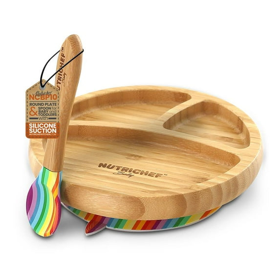 NutriChef 3 Partition Baby Bamboo Plate and Spoon Set