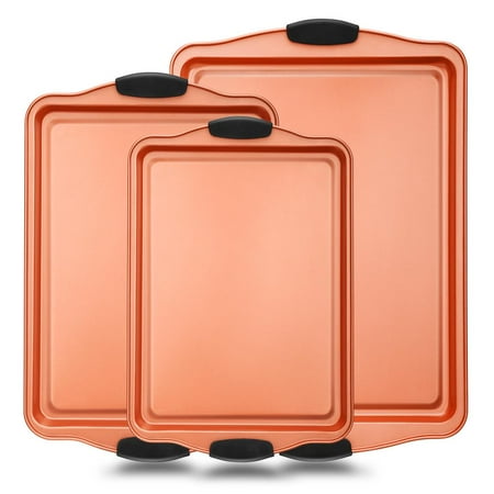 NutriChef 3 Piece Baking Pan Set - PFOA, PFOS, PTFE Free Flexible Nonstick Carbon Steel Bakeware Set - Home Kitchen Bake Pan Cookie Sheet Stackable Baking Tray Set w/Black Silicone Handles NCSBS3S45