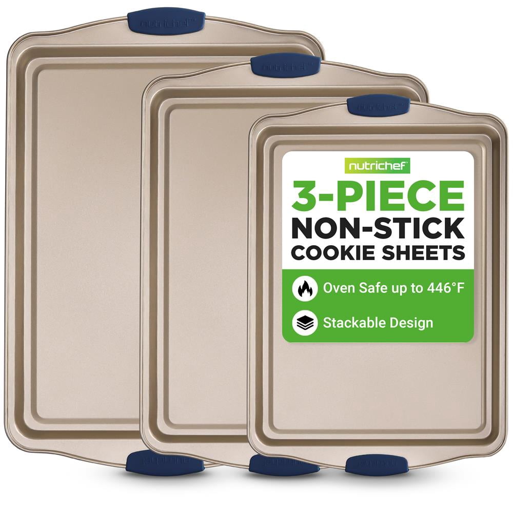 NutriChef 3-Piece Nonstick Baking Pans Set, Carbon Steel Cookie Sheets with Blue Silicone Handles, Small/Medium/Large Sizes, Even Heat Distribution, Gold
