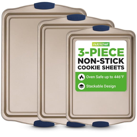 NutriChef 3-Piece Nonstick Baking Pans Set, Carbon Steel Cookie Sheets with Blue Silicone Handles, Small/Medium/Large Sizes, Even Heat Distribution, Gold