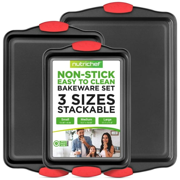 NutriChef 3-Piece Nonstick Baking Pans Set, Carbon Steel Cookie Sheets with Red Silicone Handles, Small/Medium/Large Stackable Trays, Oven & Dishwasher Safe