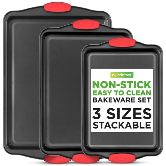 NutriChef 3-Piece Nonstick Baking Pans Set, Carbon Steel Cookie Sheets with Red Silicone Handles, Small/Medium/Large Stackable Trays, Oven & Dishwasher Safe