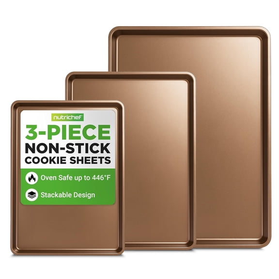 NutriChef 3-Piece Nonstick Baking Pans Set - Thick Carbon Steel Oven Bake Trays - Includes XL, Medium, & Small Sizes - Versatile Cookie Sheets for Baking & Roasting, Dishwasher Safe - Gold