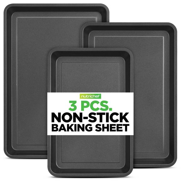 NutriChef 3-Piece Nonstick Baking Sheet Set Small, Medium & Large Cookie Sheets with Scratch-Resistant Coating, Stackable Design & Oven Safe to 450F