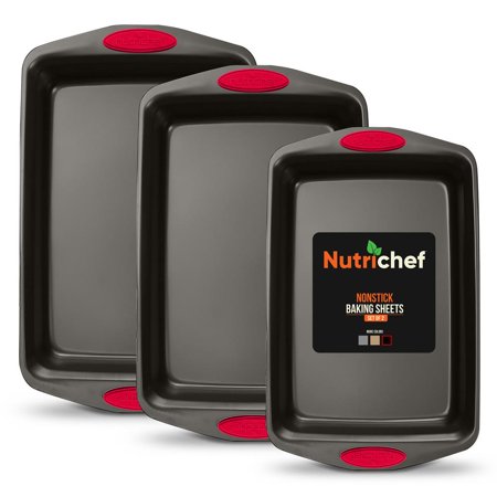 NutriChef 3-Piece Nonstick Black Coating Baking Pan Set W/ Red Silicone Handles