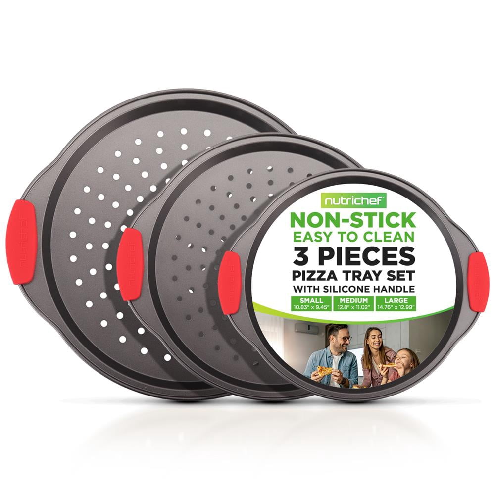 3 Piece Pizza Tray Set with Silicone Handle - Round Steel Non-stick Pan with Perforated Holes (Gray Coating)
